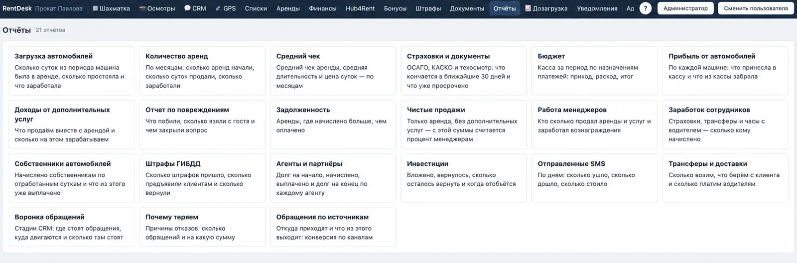 Раздел «Отчёты» в RentDesk: 21 готовый отчёт — загрузка автомобилей, средний чек, задолженность, собственники, агенты, воронка обращений